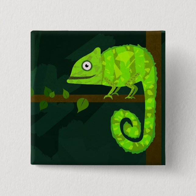 Green cute chameleon 15 cm square badge (Front)