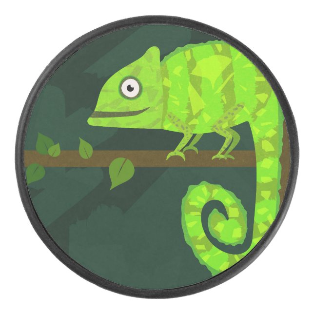 Green cute chameleon hockey puck (Front)
