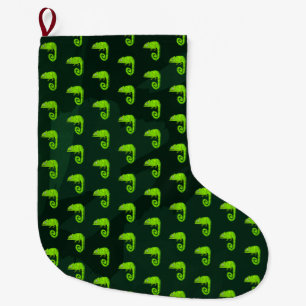 Green cute chameleon large christmas stocking