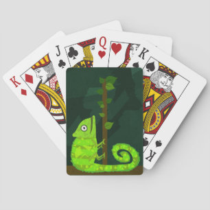 Green cute chameleon playing cards