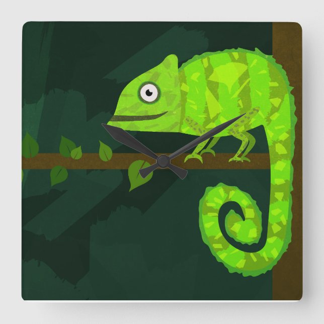 Green cute chameleon square wall clock (Front)
