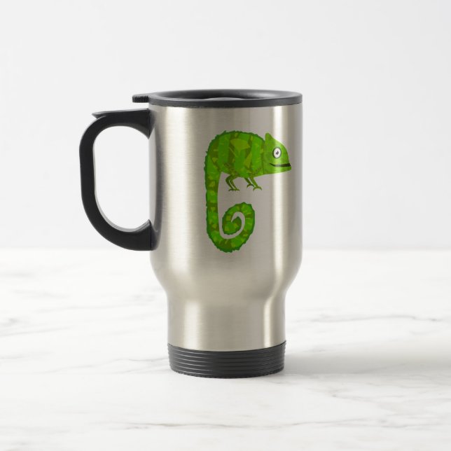 Green cute chameleon travel mug (Left)