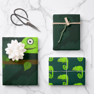 Green cute chameleon wrapping paper sheet