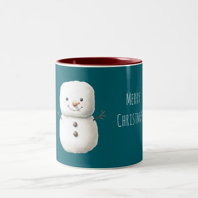 Green Cute Christmas Snowman Two-Tone Coffee Mug (Center)