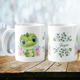 Green Cute Dinosaur Floral Themed Personalised  Coffee Mug