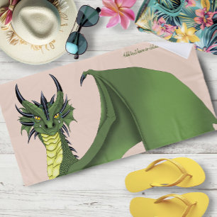 Green Cute Dragon Portrait Peach Beach Towel