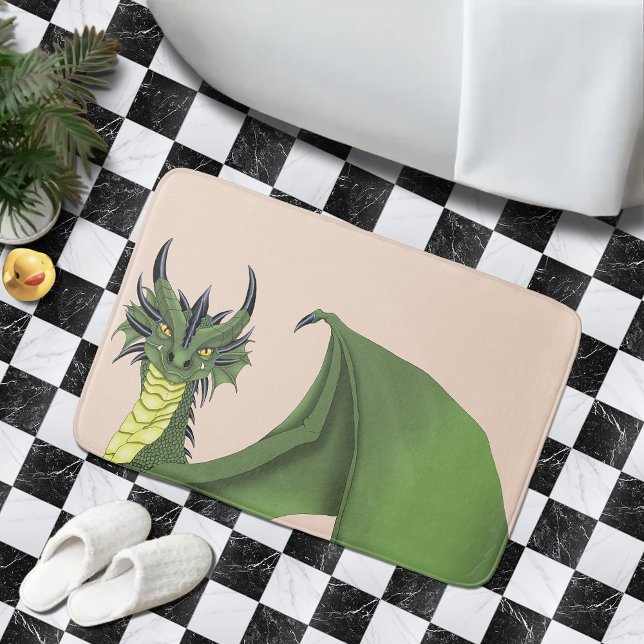 Green Cute Dragon Portrait Peach Fantasy Bath Mat (Creator Uploaded)
