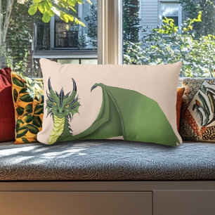Green Cute Dragon Portrait Peach Fantasy Lumbar Cushion