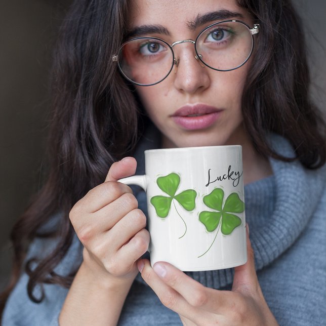 Green Cute Four Leaf Clover Personalised Coffee Mug (Lucky four leaf clover custom mug)