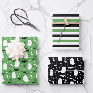 Green Cute Ghosts & Bats Orange Halloween Wrapping Paper Sheet