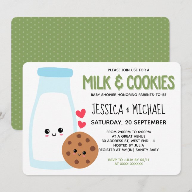 Green Cute Kawaii Milk And Cookies Baby Shower Invitation (Front/Back)