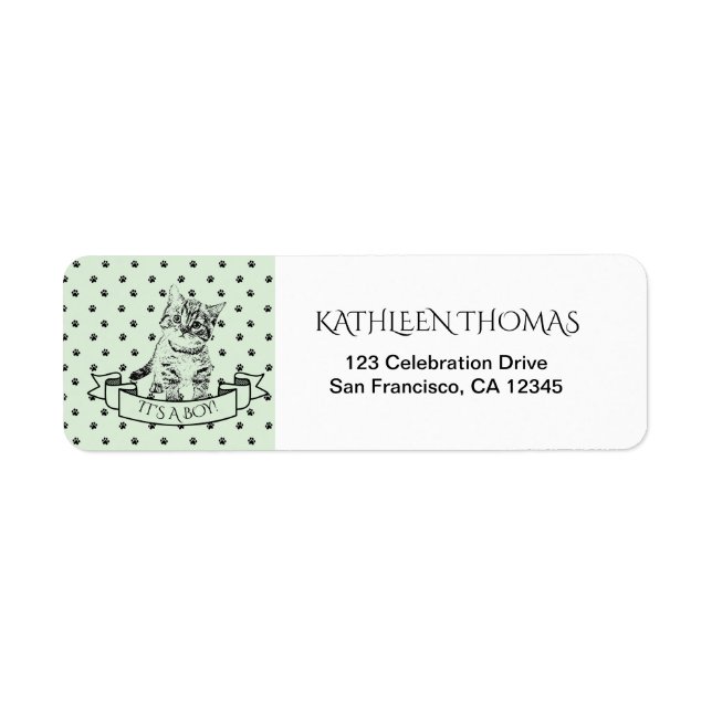 Green Cute Kitten Baby Shower Return Address Label (Front)