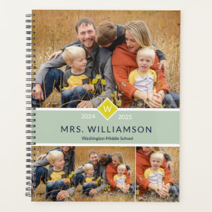 Green Cute Monogram And Photo Teacher Planner