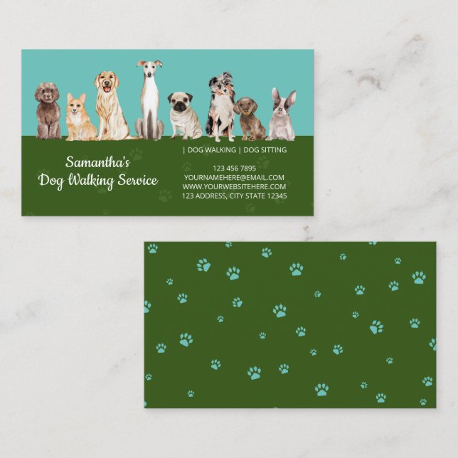 Green Cute Paws Watercolor Dogs Business Card (Front/Back)