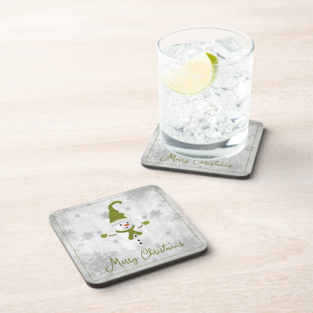 Green Cute Snowman Beverage Coaster (Right Side)