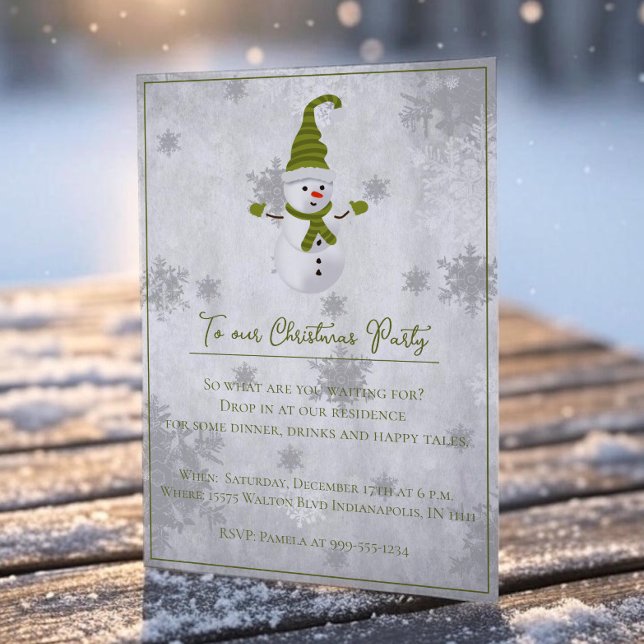 Green Cute Snowman Christmas Party Invitation (Green Cute Snowman Christmas Party Invitation)