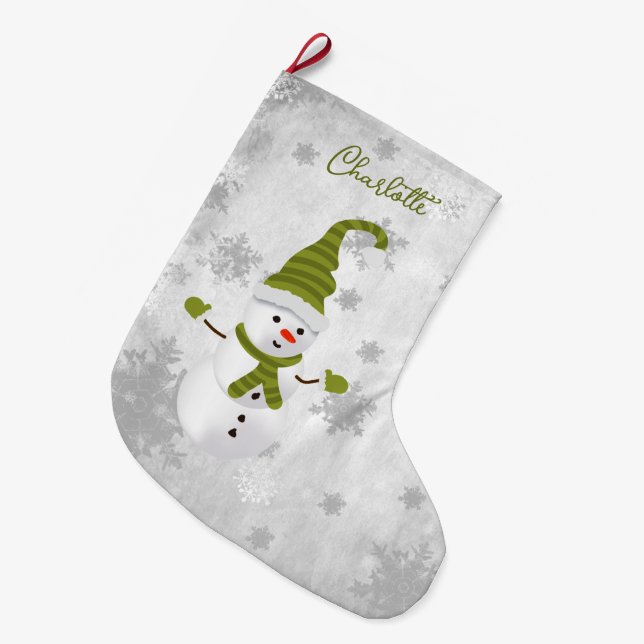 Green Cute Snowman Holiday Stocking (Front (Hanging))