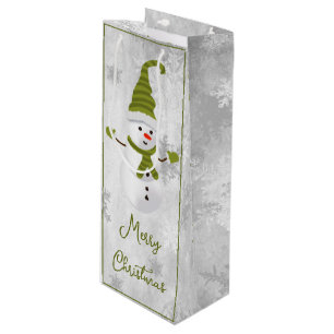 Green Cute Snowman Holiday Wine Gift Bag
