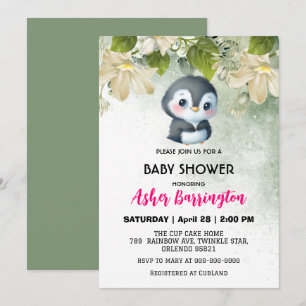 Green Cute sweet penguin flower baby shower kids Invitation