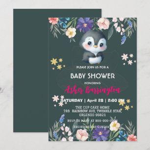 Green Cute sweet penguin flower baby shower kids Invitation