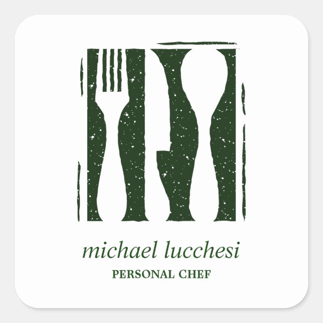 Green Cutlery | Chef Catering Bakery Restaurant Square Sticker (Front)