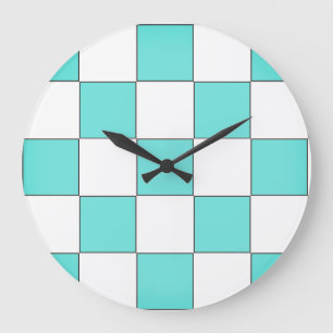 Green Cyan Chessboard Large Clock