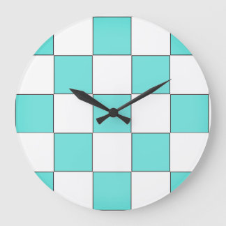 Green Cyan Chessboard Large Clock