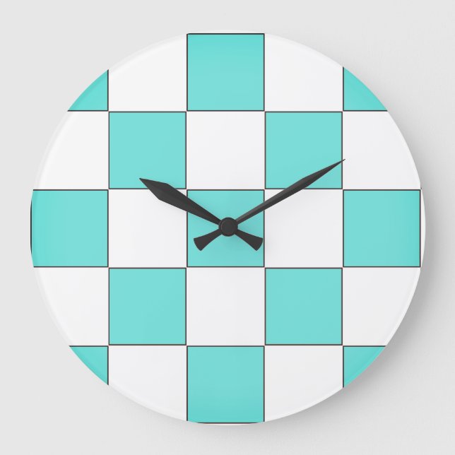 Green Cyan Chessboard  Large Clock (Front)