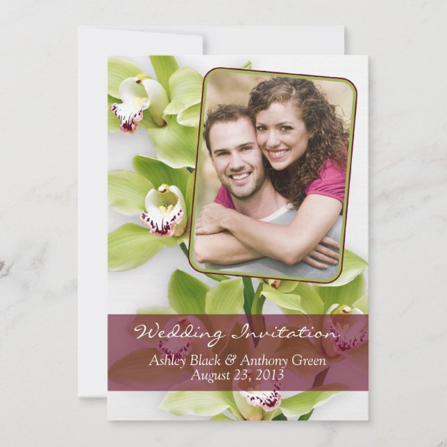 Green Cymbidium Orchid Photo Wedding Invitation (Front)