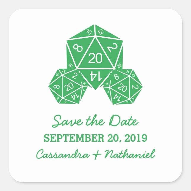 Green D20 Dice Save the Date Stickers (Front)