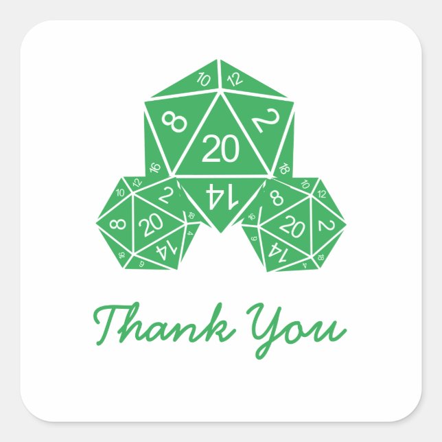 Green D20 Dice Thank You Stickers (Front)