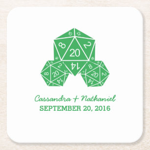 Green D20 Dice Wedding Paper Coasters