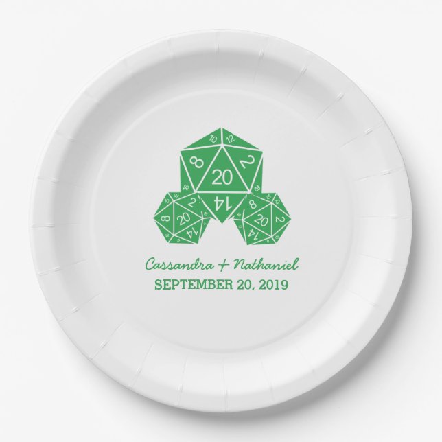 Green D20 Dice Wedding Paper Plates (Front)