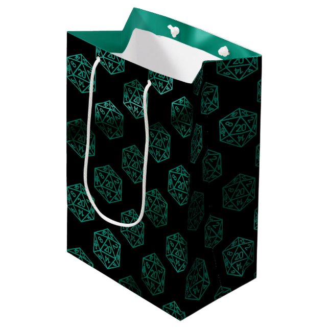 Green D20 Pattern | Fantasy Tabletop RPG Dice Medium Gift Bag (Front Angled)