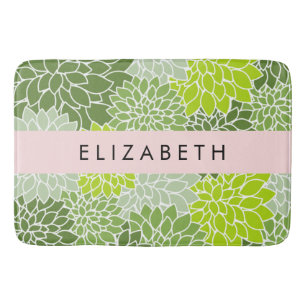 Green Dahlia Flowers, Floral Pattern, Your Name Bath Mat