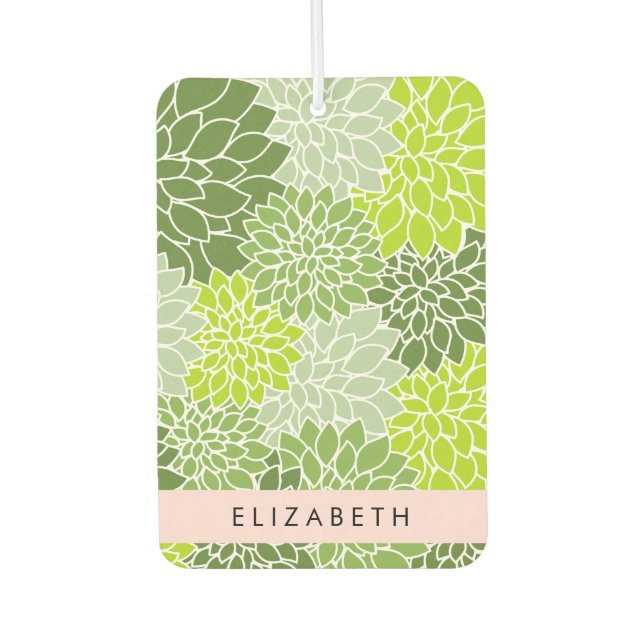 Green Dahlia Flowers, Floral Pattern, Your Name Car Air Freshener (Front)