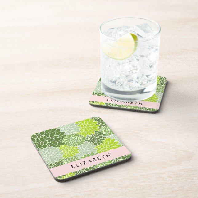 Green Dahlia Flowers, Floral Pattern, Your Name Coaster (Right Side)