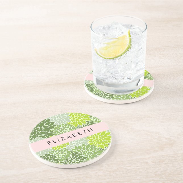 Green Dahlia Flowers, Floral Pattern, Your Name Coaster (Side)