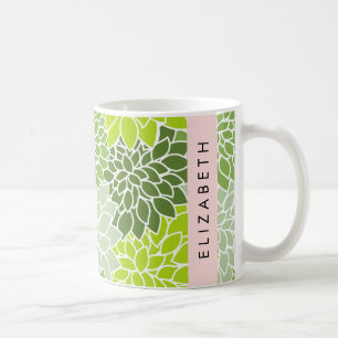 Green Dahlia Flowers, Floral Pattern, Your Name Coffee Mug