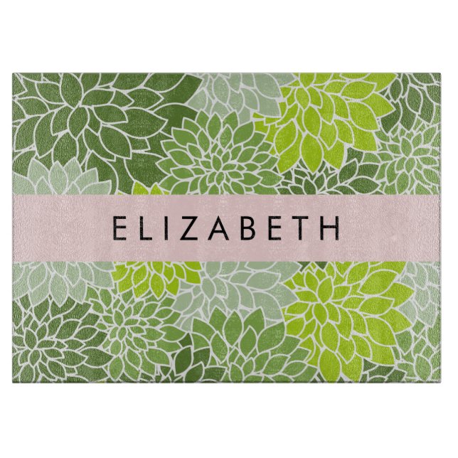 Green Dahlia Flowers, Floral Pattern, Your Name Cutting Board (Front)