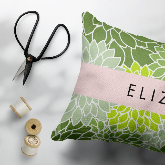 Green Dahlia Flowers, Floral Pattern, Your Name Decorative Cushion (Creator Uploaded)
