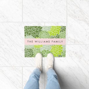 Green Dahlia Flowers, Floral Pattern, Your Name Doormat