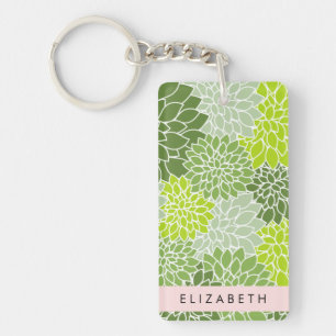 Green Dahlia Flowers, Floral Pattern, Your Name Key Ring
