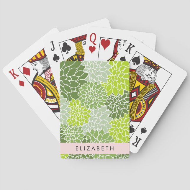 Green Dahlia Flowers, Floral Pattern, Your Name Playing Cards (Back)