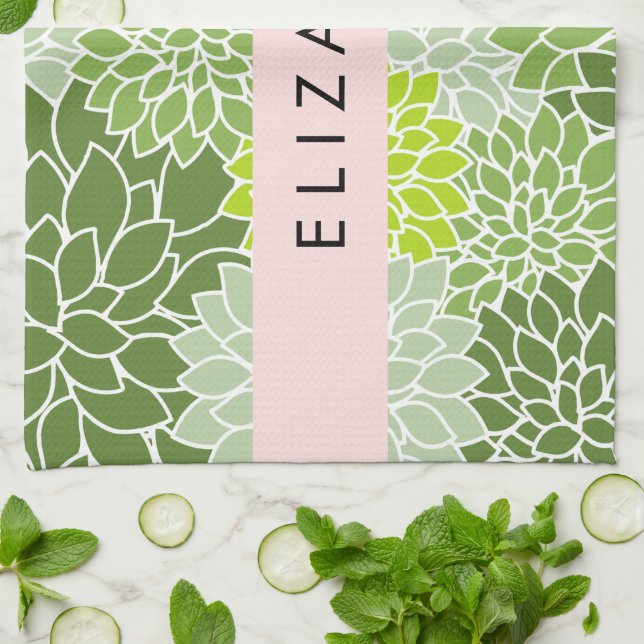 Green Dahlia Flowers, Floral Pattern, Your Name Tea Towel (Folded)