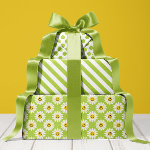 Green Daisy Floral Stripes Polka Dot Wrapping Paper Sheet