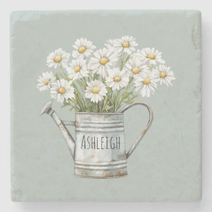 Green Daisy Flowers Stone Coaster