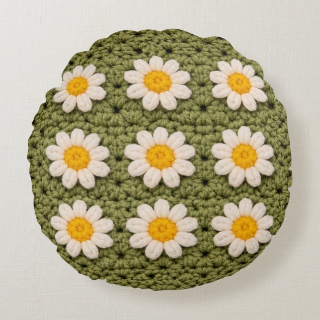 Green Daisy Granny Square Crochet Pattern Floral Round Cushion (Front)