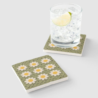 Green Daisy Granny Square Crochet Pattern Floral Stone Coaster