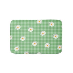Green Daisy Plaid Gingham Check Flower Pattern Bath Mat